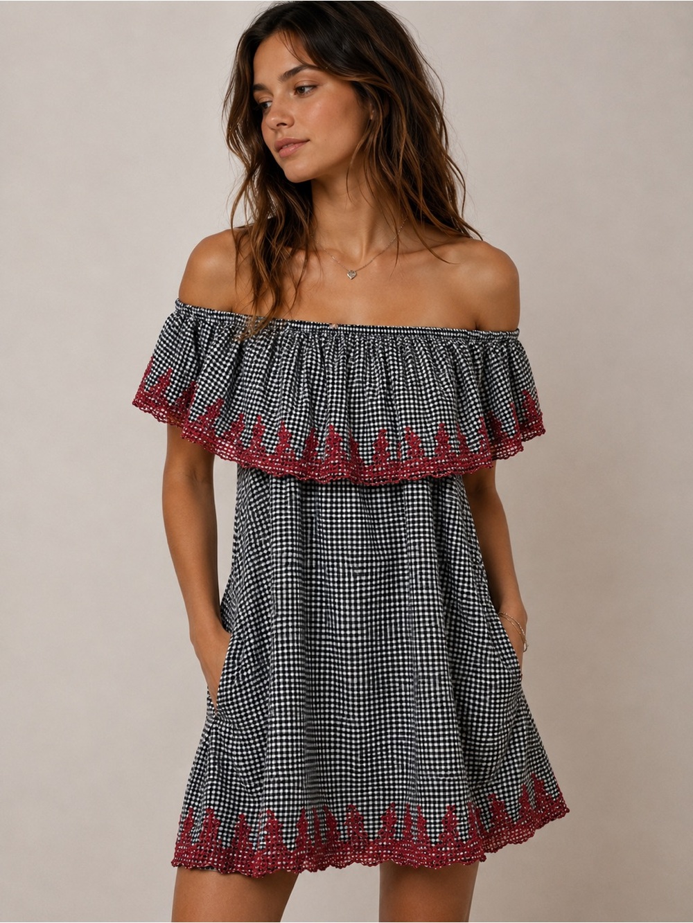 Nannette Lepore Cotton Over the Shoulder Mini dress Ruffle Plaid Red Embroidery